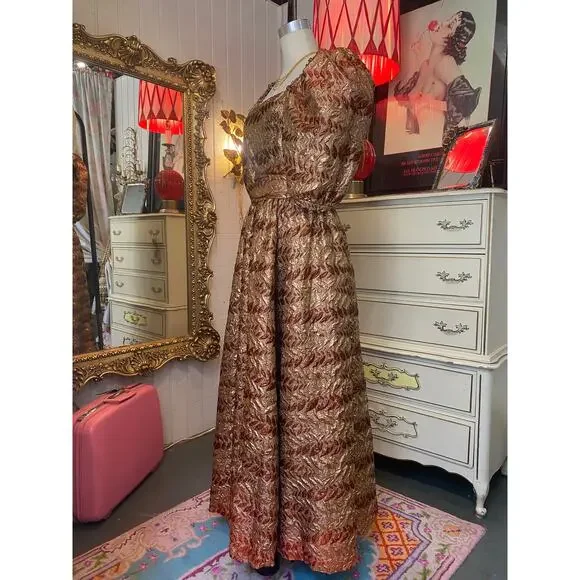 1970s rust and gold brocade formal gown puff sleeves jay jacks metallic ombre sm - Picture 6 of 10